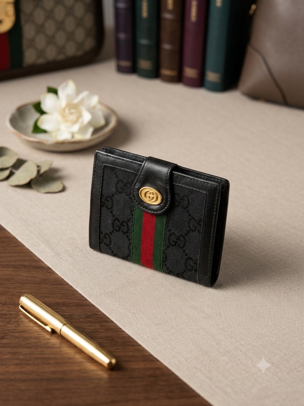 Gucci Black Canvas Bifold Wallet with Web Stripe